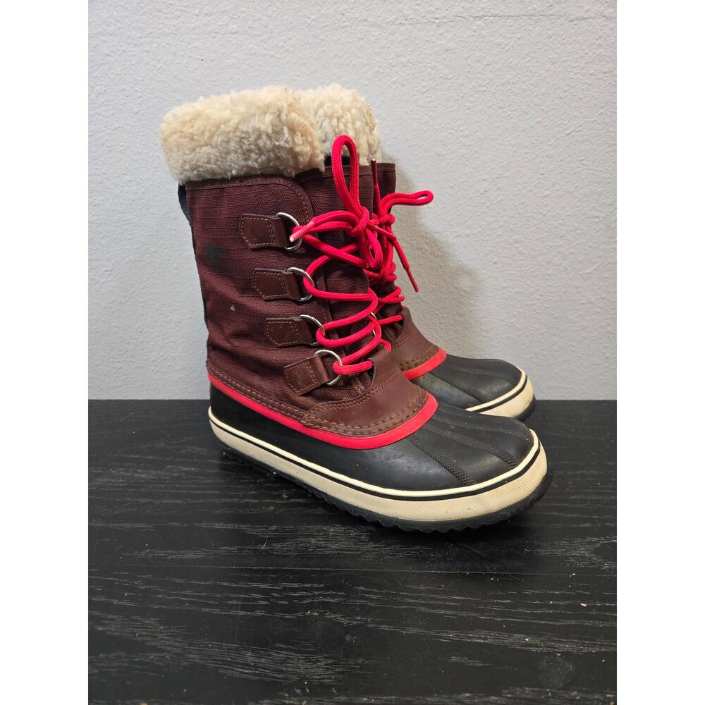 Sorel Winter Waterproof Snow Boots Lined Carnival Faux Fur Trim Maroon 7